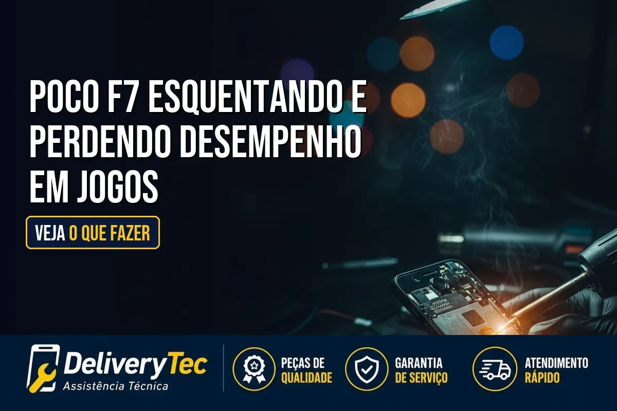 Poco F7 Esquentando e Perdendo Desempenho em Jogos? Veja o que Fazer — ilustração do artigo da Delivery Tec, assistência técnica de celular em São José do Rio Preto