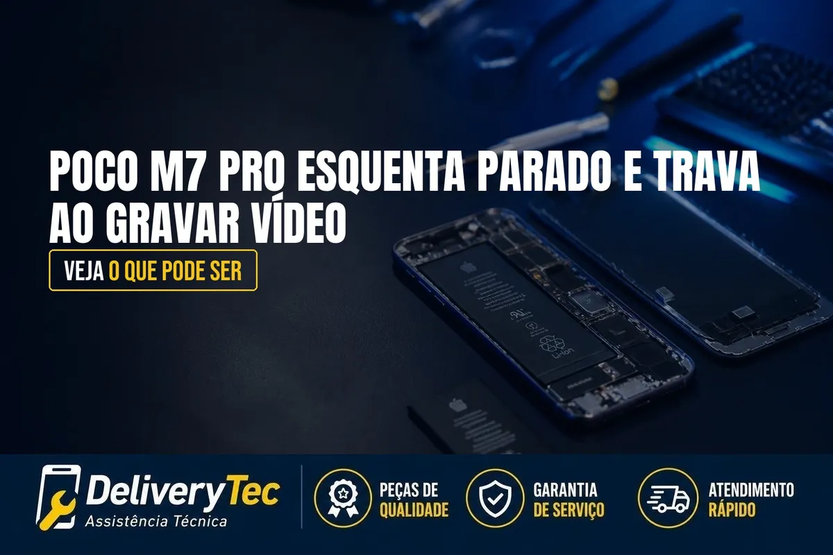 Poco M7 Pro Esquenta Mesmo Parado e Trava ao Gravar Vídeo? Veja o que Pode Ser — ilustração do artigo da Delivery Tec, assistência técnica de celular em São José do Rio Preto