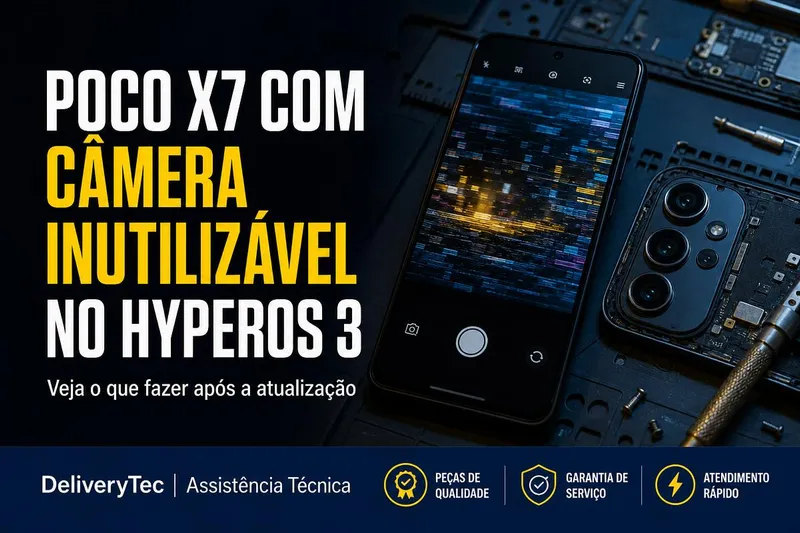 Poco X7 com Câmera Inutilizável Depois do HyperOS 3? Veja o que Fazer — ilustração do artigo da Delivery Tec, assistência técnica de celular em São José do Rio Preto