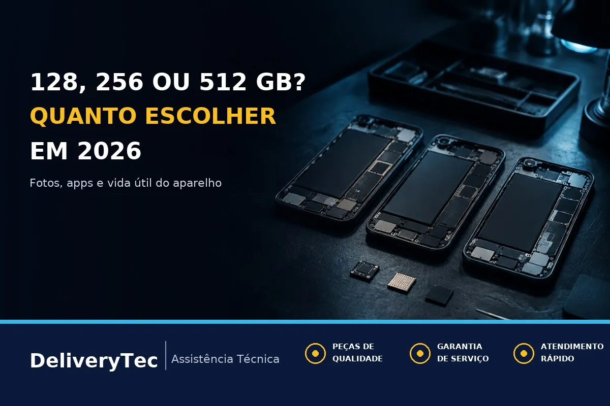128, 256 ou 512 GB: Quanto Armazenamento Escolher no Celular em 2026 — ilustração do artigo da Delivery Tec, assistência técnica de celular em São José do Rio Preto