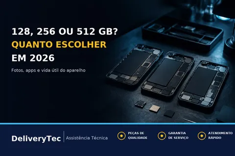 128, 256 ou 512 GB: Quanto Armazenamento Escolher no Celular em 2026 — ilustração do artigo da Delivery Tec, assistência técnica de celular em São José do Rio Preto