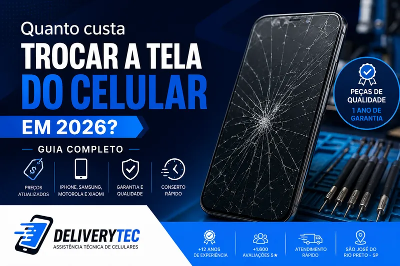 Quanto custa trocar a tela do celular em 2026? Guia completo — ilustração do artigo da Delivery Tec, assistência técnica de celular em São José do Rio Preto
