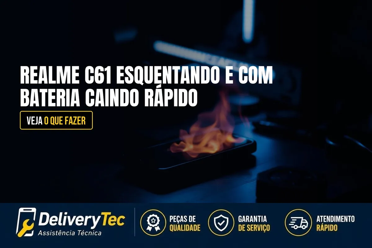 Realme C61 Esquentando e com Bateria Descarregando Rápido? Veja o que Fazer — ilustração do artigo da Delivery Tec, assistência técnica de celular em São José do Rio Preto