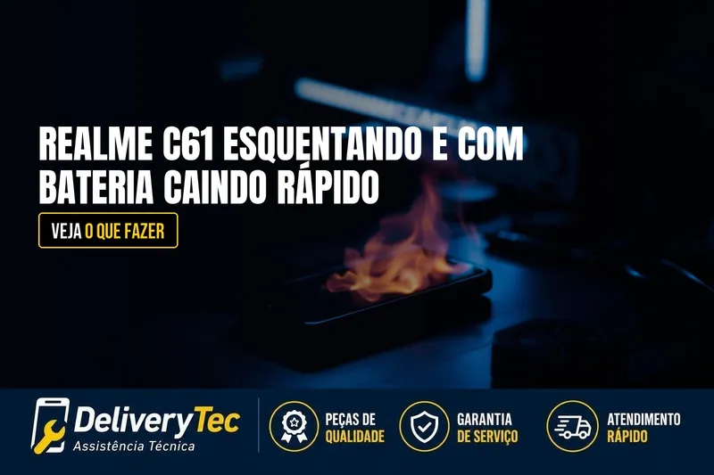 Realme C61 Esquentando e com Bateria Descarregando Rápido? Veja o que Fazer — ilustração do artigo da Delivery Tec, assistência técnica de celular em São José do Rio Preto
