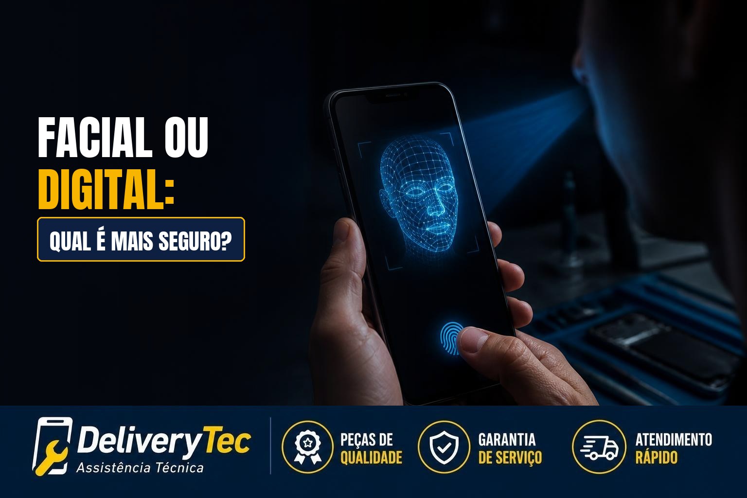 Reconhecimento Facial ou Impressão Digital: Qual é Mais Seguro — ilustração do artigo da Delivery Tec, assistência técnica de celular em São José do Rio Preto