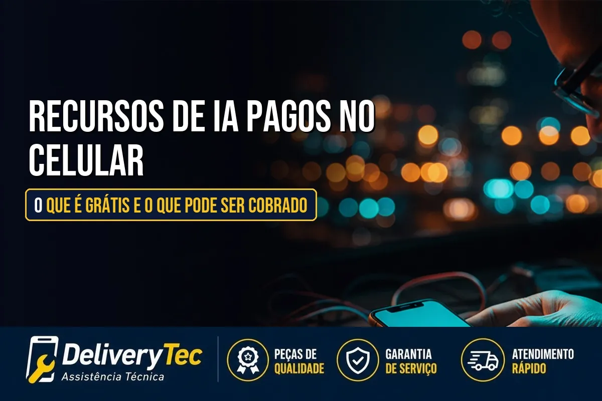 Recursos de IA Pagos no Celular: O que É Grátis e o que Pode Ser Cobrado — ilustração do artigo da Delivery Tec, assistência técnica de celular em São José do Rio Preto