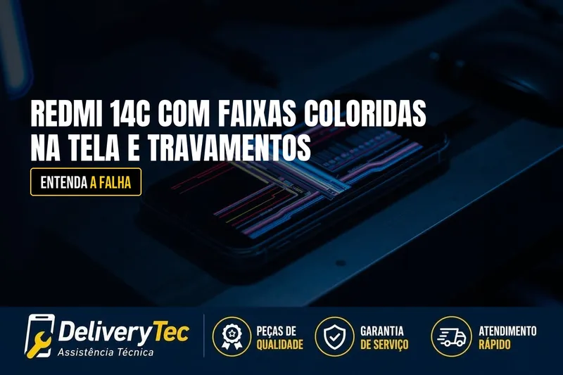 Redmi 14C com Faixas Coloridas na Tela e Travamentos? Entenda a Falha Recorrente — ilustração do artigo da Delivery Tec, assistência técnica de celular em São José do Rio Preto