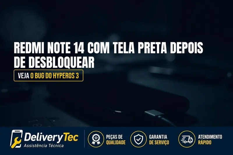 Redmi Note 14 com Tela Preta Depois de Desbloquear? Veja o Bug do HyperOS 3 — ilustração do artigo da Delivery Tec, assistência técnica de celular em São José do Rio Preto