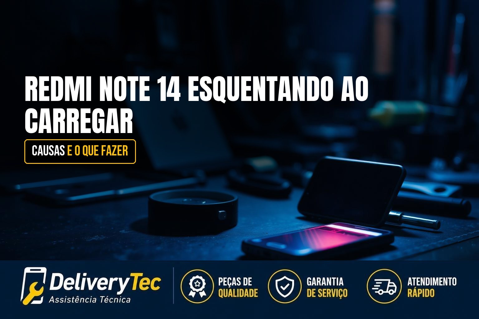 Redmi Note 14 Esquentando ao Carregar? Causas e o que Fazer — ilustração do artigo da Delivery Tec, assistência técnica de celular em São José do Rio Preto