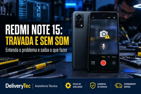 Redmi Note 15 com a Câmera Travada e Gravando Sem Som? Veja o que Pode Ser — ilustração do artigo da Delivery Tec, assistência técnica de celular em São José do Rio Preto
