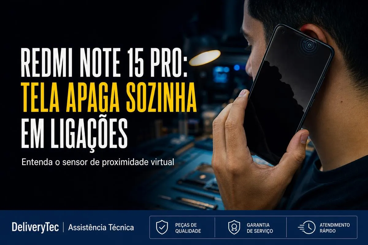 Redmi Note 15 Pro com Tela Apagando Sozinha em Ligações? Entenda o Sensor de Proximidade Virtual — ilustração do artigo da Delivery Tec, assistência técnica de celular em São José do Rio Preto
