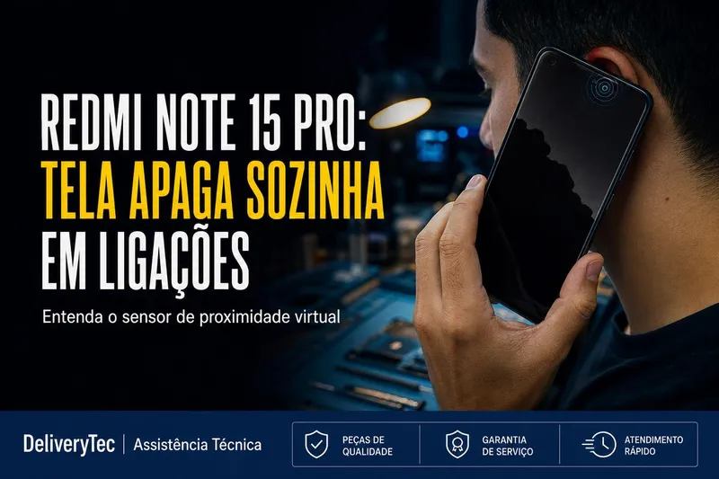 Redmi Note 15 Pro com Tela Apagando Sozinha em Ligações? Entenda o Sensor de Proximidade Virtual — ilustração do artigo da Delivery Tec, assistência técnica de celular em São José do Rio Preto
