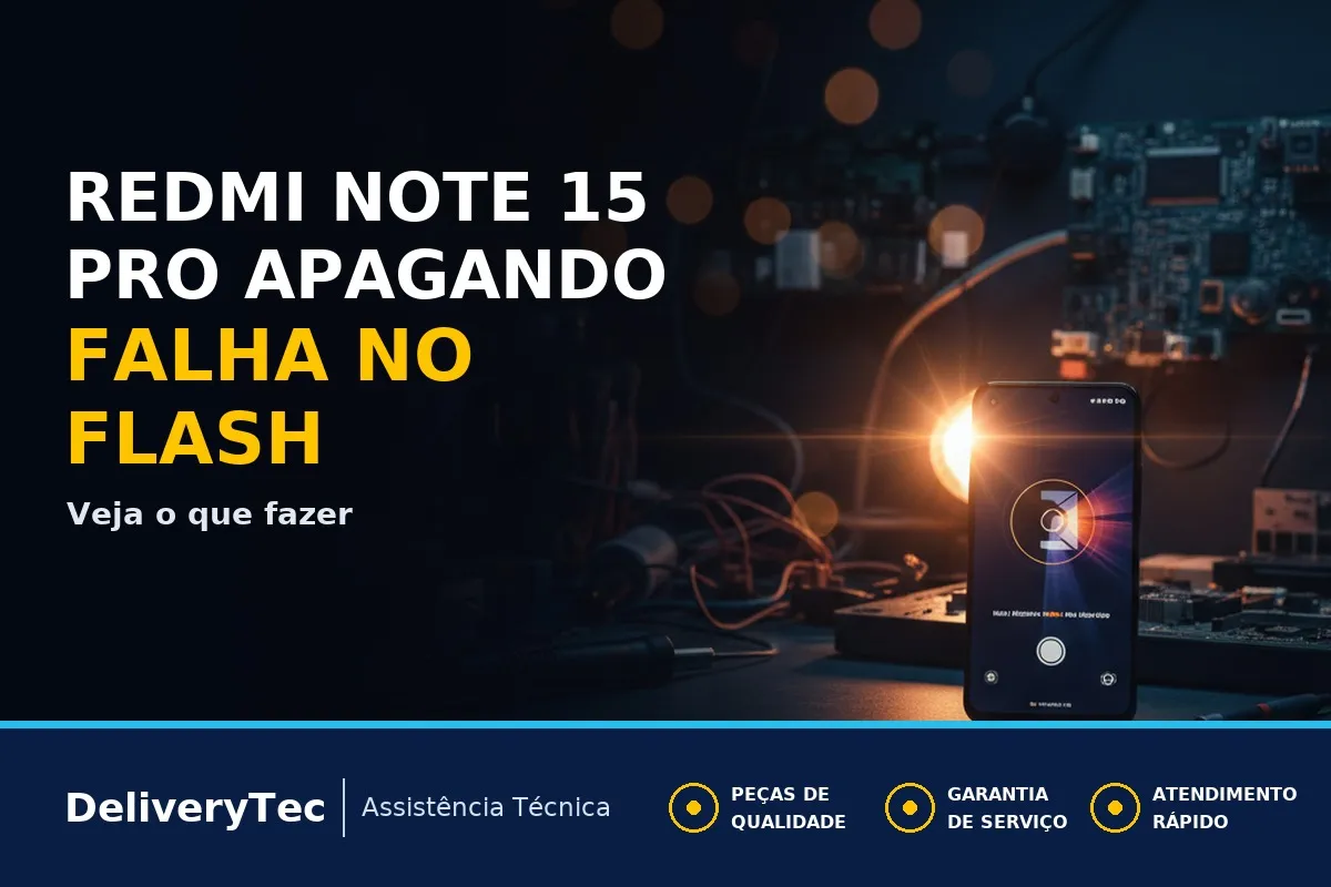 Redmi Note 15 Pro desligando ao usar o flash da câmera? O defeito pode ser o CI de carga — ilustração do artigo da Delivery Tec, assistência técnica de celular em São José do Rio Preto