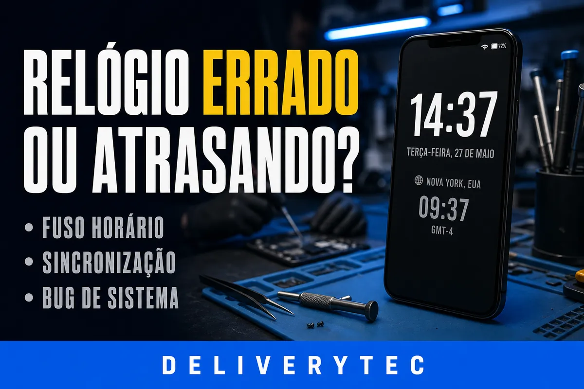 Relógio do Celular Errado ou Atrasando? Veja as Principais Causas — ilustração do artigo da Delivery Tec, assistência técnica de celular em São José do Rio Preto