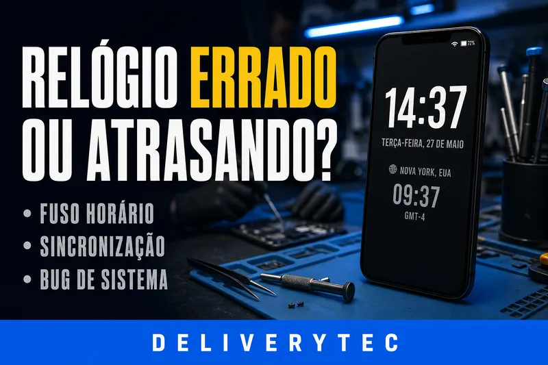Relógio do Celular Errado ou Atrasando? Veja as Principais Causas — ilustração do artigo da Delivery Tec, assistência técnica de celular em São José do Rio Preto