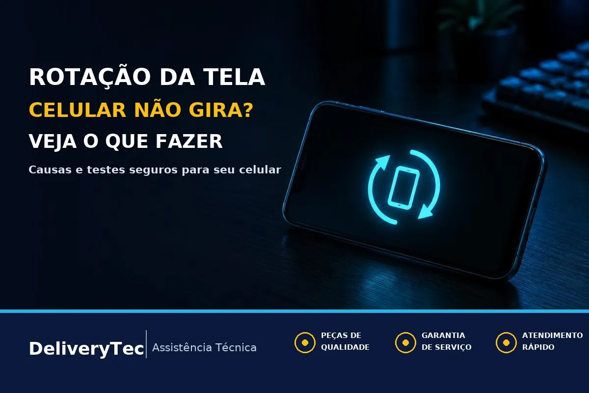 Rotação automática da tela não funciona? Causas e como resolver — ilustração do artigo da Delivery Tec, assistência técnica de celular em São José do Rio Preto