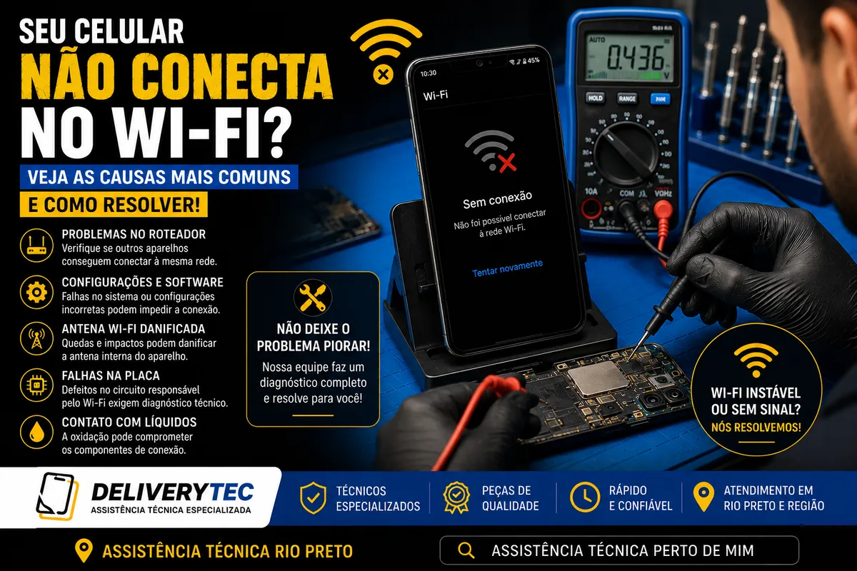 Seu celular não conecta no Wi-Fi? Veja as causas mais comuns e como resolver — ilustração do artigo da Delivery Tec, assistência técnica de celular em São José do Rio Preto
