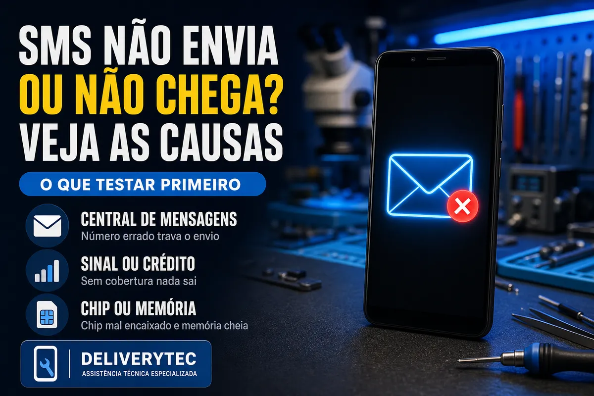 SMS Não Envia ou Não Chega? Veja as Causas — ilustração do artigo da Delivery Tec, assistência técnica de celular em São José do Rio Preto
