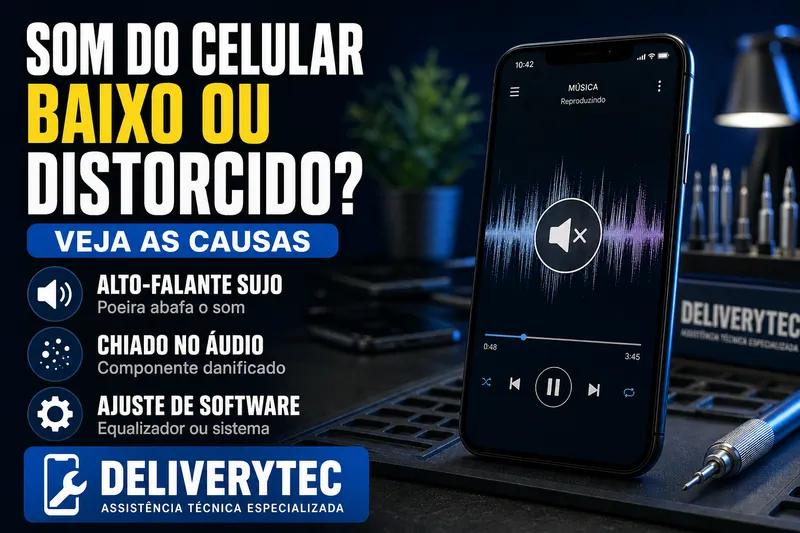 Som do Celular Baixo ou Distorcido? Veja as Causas — ilustração do artigo da Delivery Tec, assistência técnica de celular em São José do Rio Preto