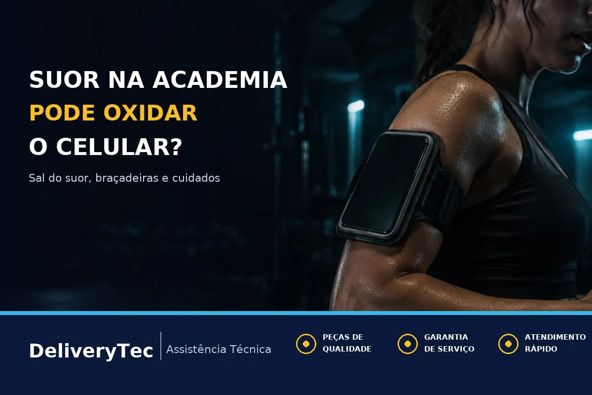 Suor e Umidade na Academia ou Corrida Podem Oxidar o Celular — ilustração do artigo da Delivery Tec, assistência técnica de celular em São José do Rio Preto