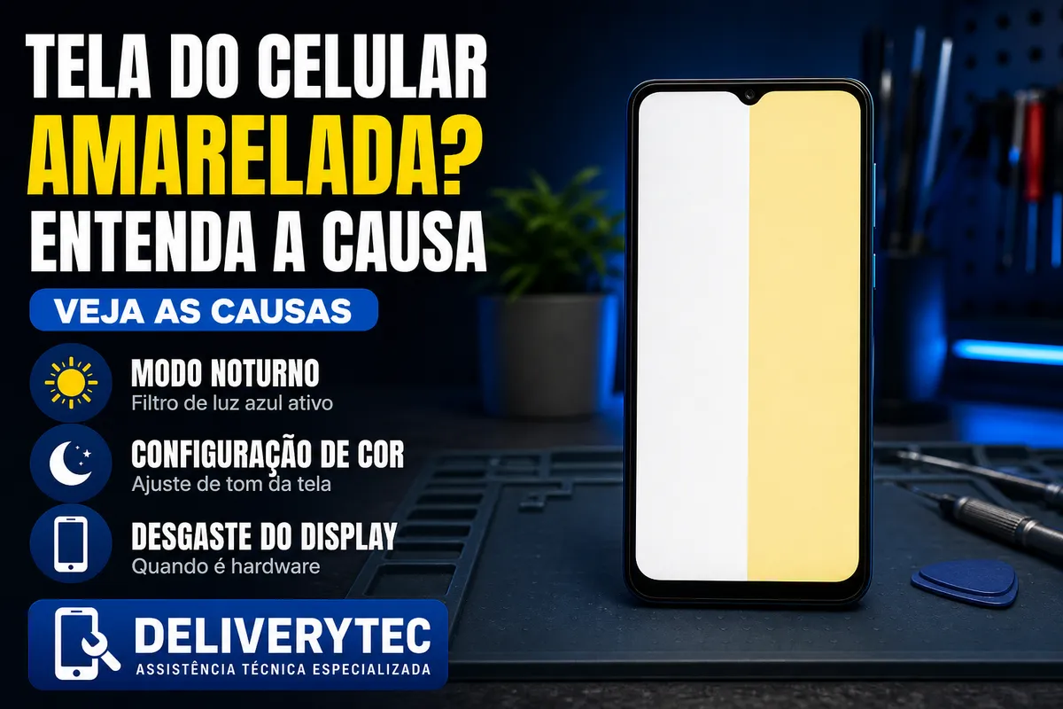 Tela do Celular Ficou Amarelada? Veja as Causas — ilustração do artigo da Delivery Tec, assistência técnica de celular em São José do Rio Preto
