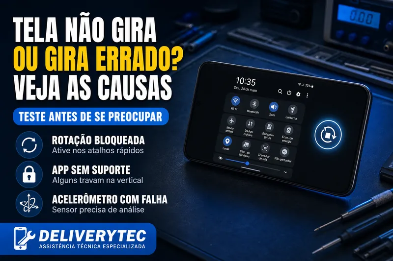 Tela do Celular Não Gira ou Gira Errado? Veja as Causas — ilustração do artigo da Delivery Tec, assistência técnica de celular em São José do Rio Preto