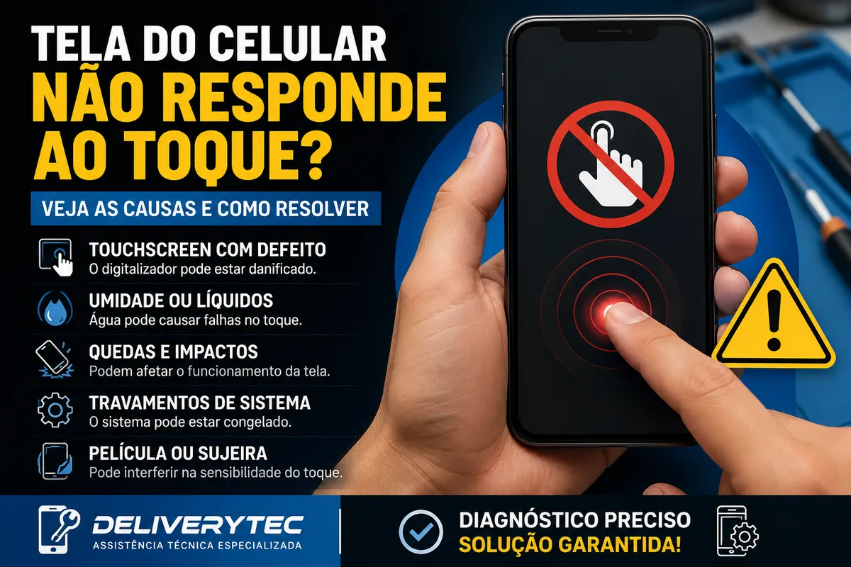 Tela do celular não responde ao toque? Veja as causas e como resolver — ilustração do artigo da Delivery Tec, assistência técnica de celular em São José do Rio Preto