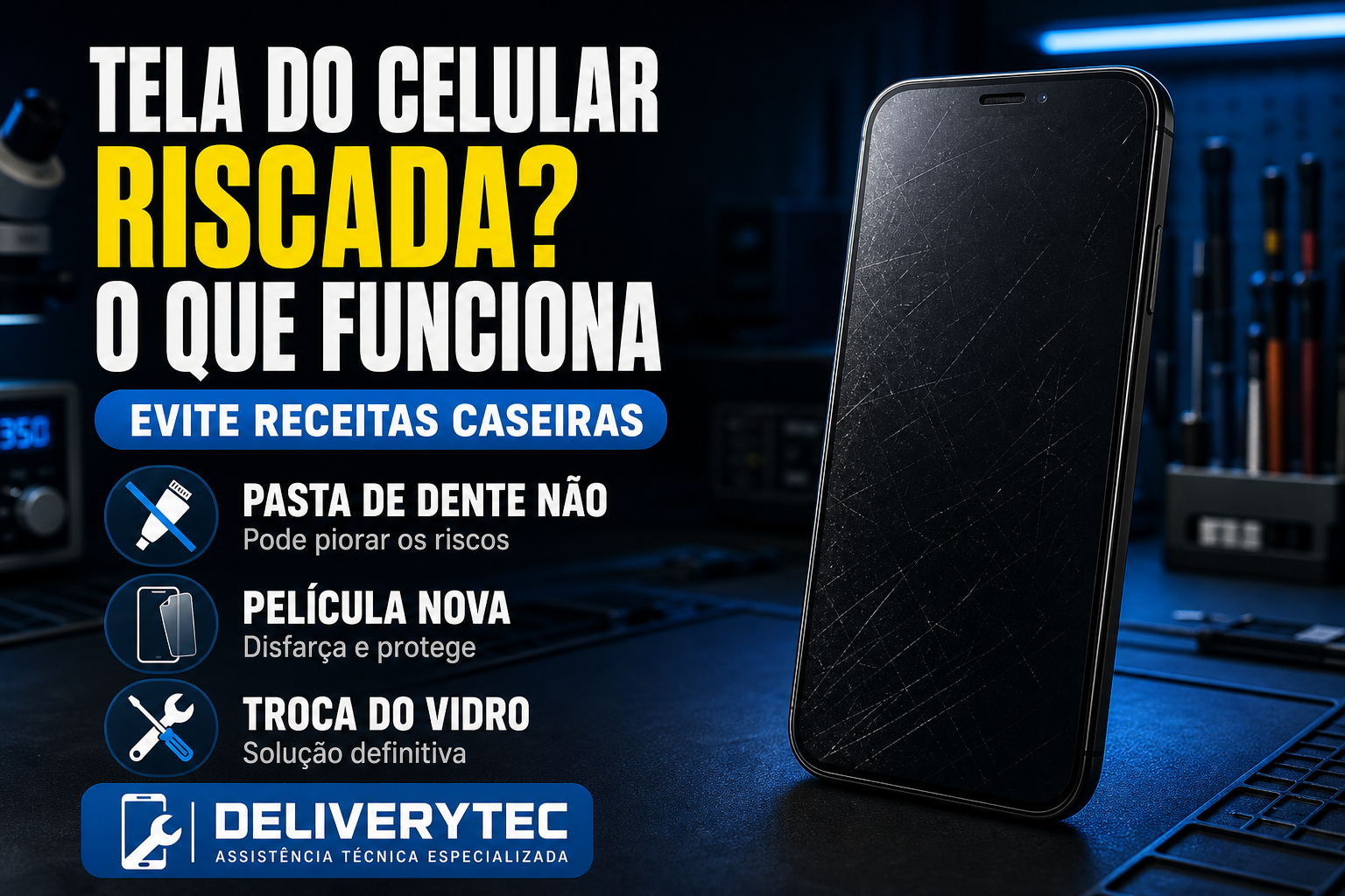 Tela do Celular Riscada? Veja o que Realmente Funciona — ilustração do artigo da Delivery Tec, assistência técnica de celular em São José do Rio Preto