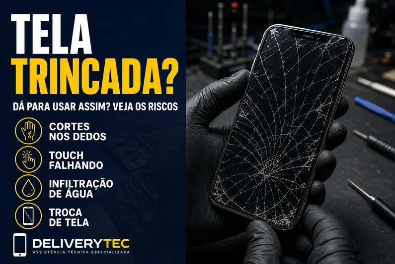Tela do celular trincada: dá para usar assim ou preciso trocar agora — ilustração do artigo da Delivery Tec, assistência técnica de celular em São José do Rio Preto