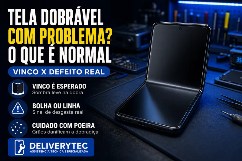 Tela Dobrável com Problema? Veja o que é Normal e o que é Sinal de Alerta — ilustração do artigo da Delivery Tec, assistência técnica de celular em São José do Rio Preto