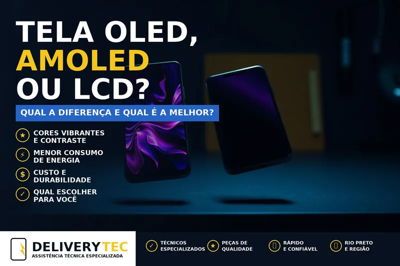 Tela OLED, AMOLED ou LCD: qual a diferença e qual é a melhor — ilustração do artigo da Delivery Tec, assistência técnica de celular em São José do Rio Preto