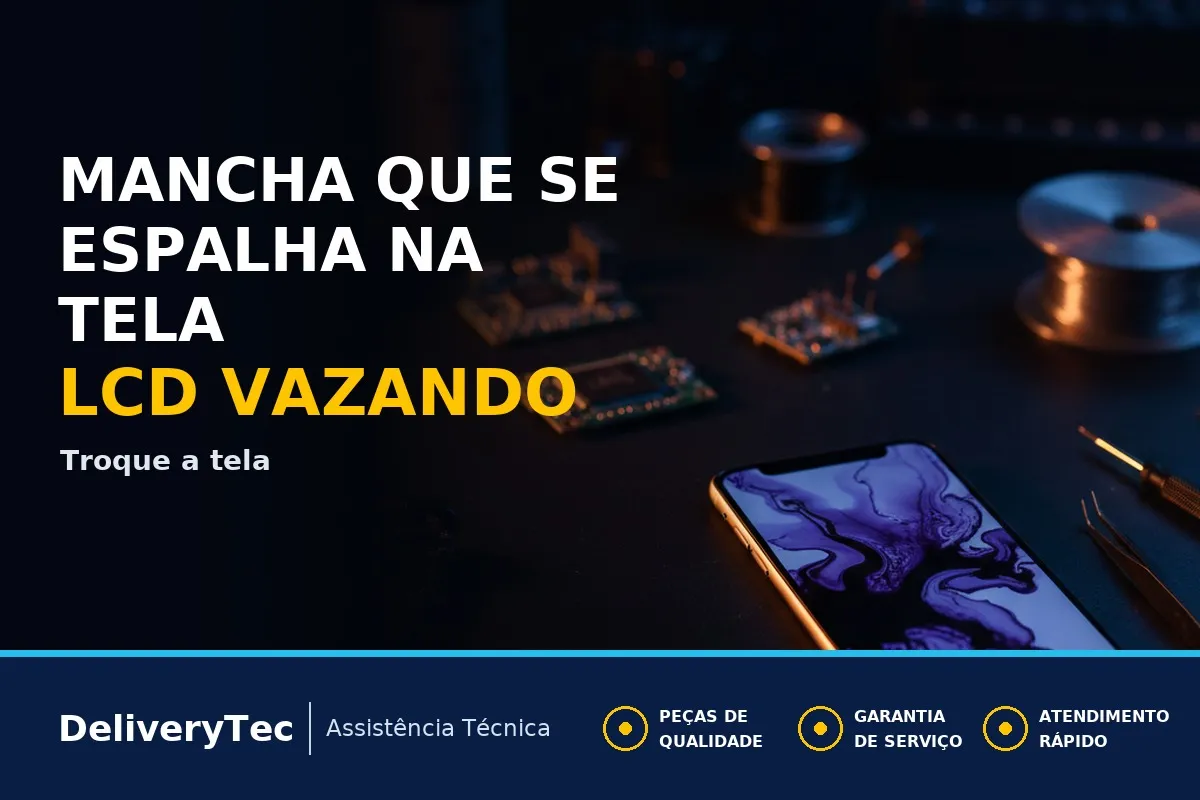 Tela com Vazamento de Cristal Líquido? Entenda a Mancha que se Espalha — ilustração do artigo da Delivery Tec, assistência técnica de celular em São José do Rio Preto