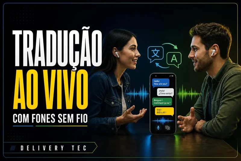 Tradução ao Vivo com AirPods: Como Conversar com Alguém que Fala Outro Idioma — ilustração do artigo da Delivery Tec, assistência técnica de celular em São José do Rio Preto