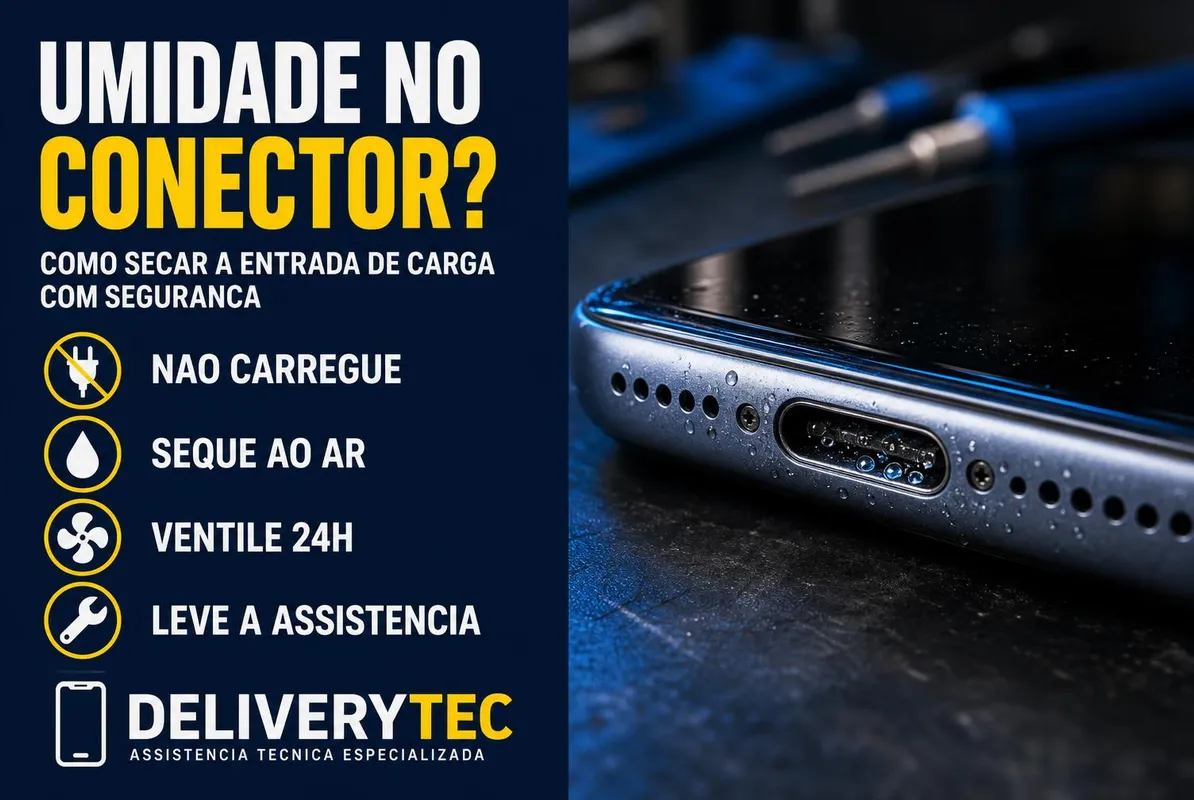 Umidade no conector de carga: como secar sem danificar o celular — ilustração do artigo da Delivery Tec, assistência técnica de celular em São José do Rio Preto