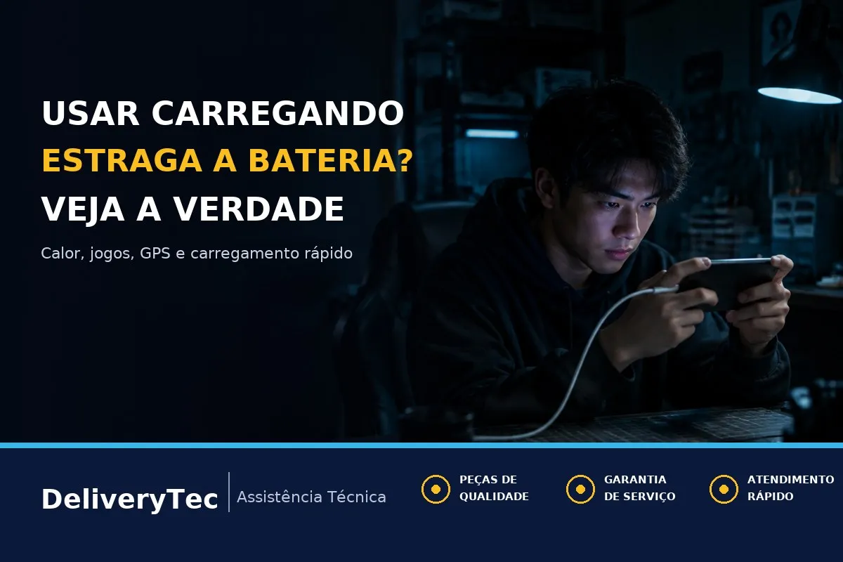Usar o Celular Enquanto Carrega Estraga a Bateria? Jogos, GPS e Vídeo — ilustração do artigo da Delivery Tec, assistência técnica de celular em São José do Rio Preto