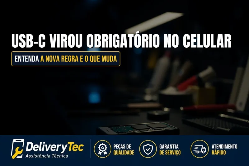 USB-C Virou Obrigatório no Celular? Entenda a Nova Regra e o que Muda para Você — ilustração do artigo da Delivery Tec, assistência técnica de celular em São José do Rio Preto