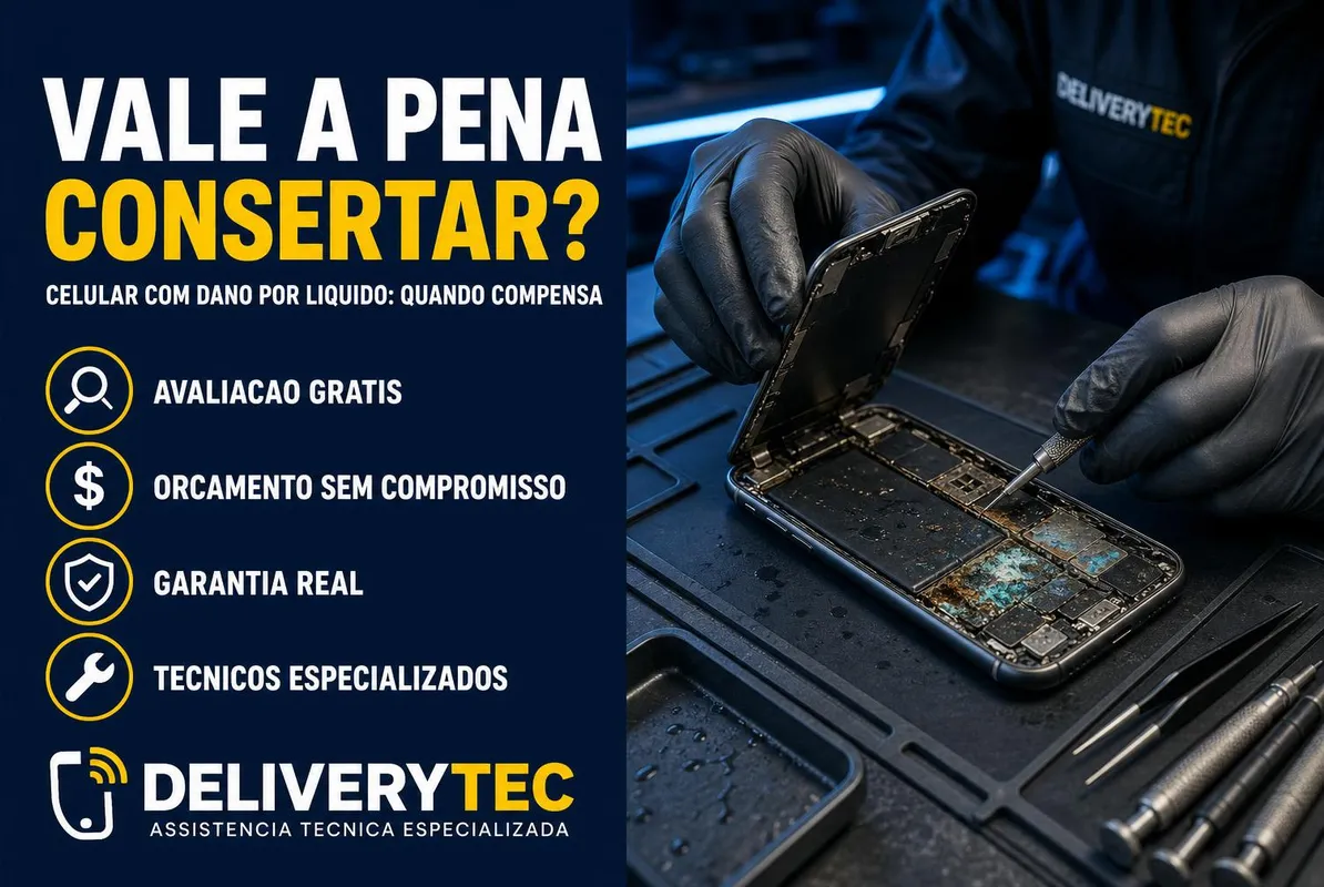 Vale a pena consertar celular com dano por líquido? Quando compensa e quando não — ilustração do artigo da Delivery Tec, assistência técnica de celular em São José do Rio Preto