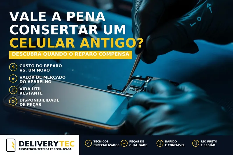 Vale a pena consertar um celular antigo? Descubra quando o reparo compensa — ilustração do artigo da Delivery Tec, assistência técnica de celular em São José do Rio Preto