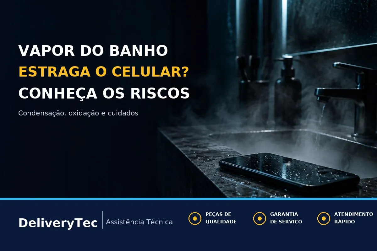 Vapor do Banho Estraga o Celular? Os Riscos de Usar no Banheiro — ilustração do artigo da Delivery Tec, assistência técnica de celular em São José do Rio Preto