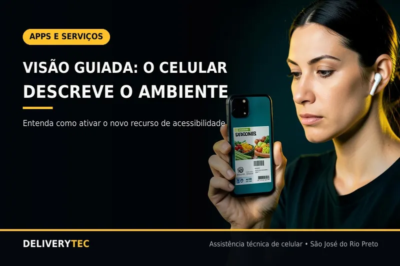 Visão Guiada: Como o Celular Pode Descrever o que Está na Frente da Câmera — ilustração do artigo da Delivery Tec, assistência técnica de celular em São José do Rio Preto